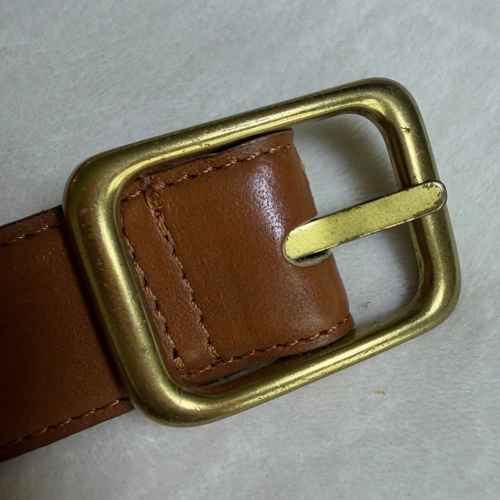 Gallery Originals Belt Mens 42 Brown Full Grain Leather Woven Inlay Brass Buckle